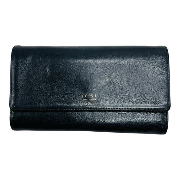 Y2K Fossil Issue 1954 Black Pebble Leather Womens Wallet Gold Snaps 7” Cow Hide - Picture 1 of 16